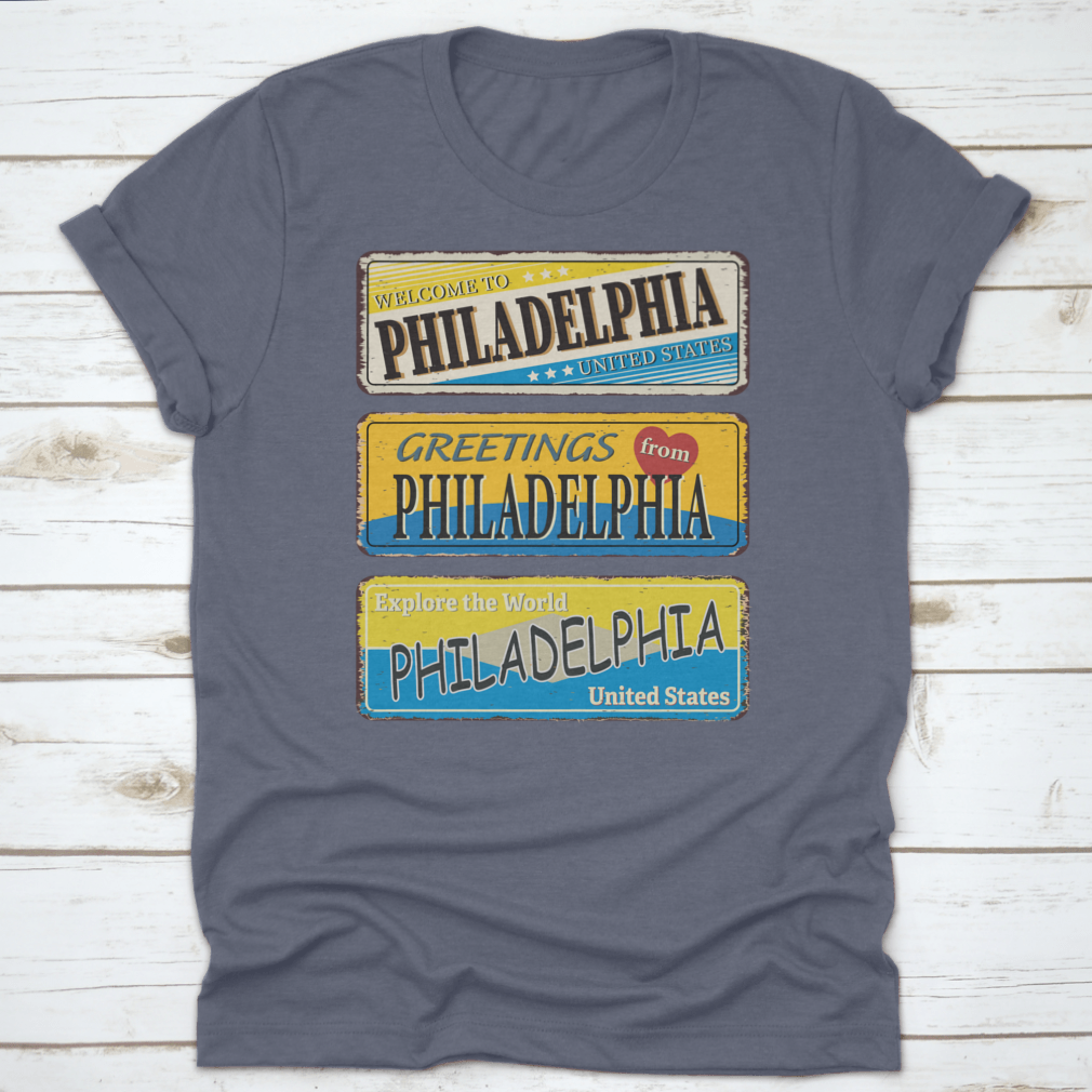 A collection of vintage tin signs featuring retro designs celebrating Philadelphia, showcasing iconic landmarks and city names.