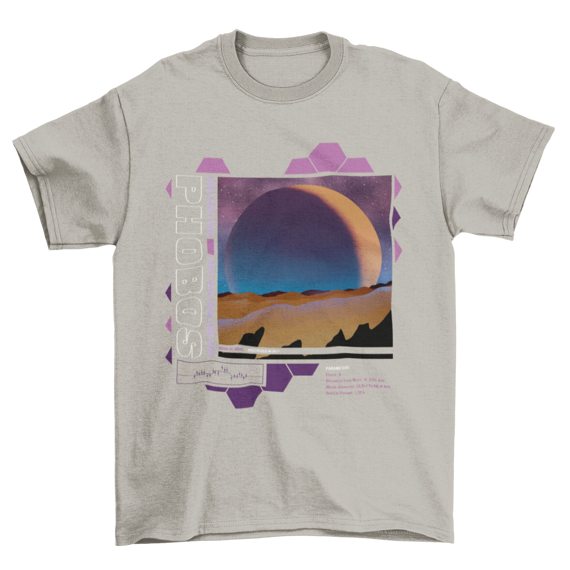 Phobos Mars moon t-shirt design featuring intricate details and vibrant colors, showcasing the beauty of space.