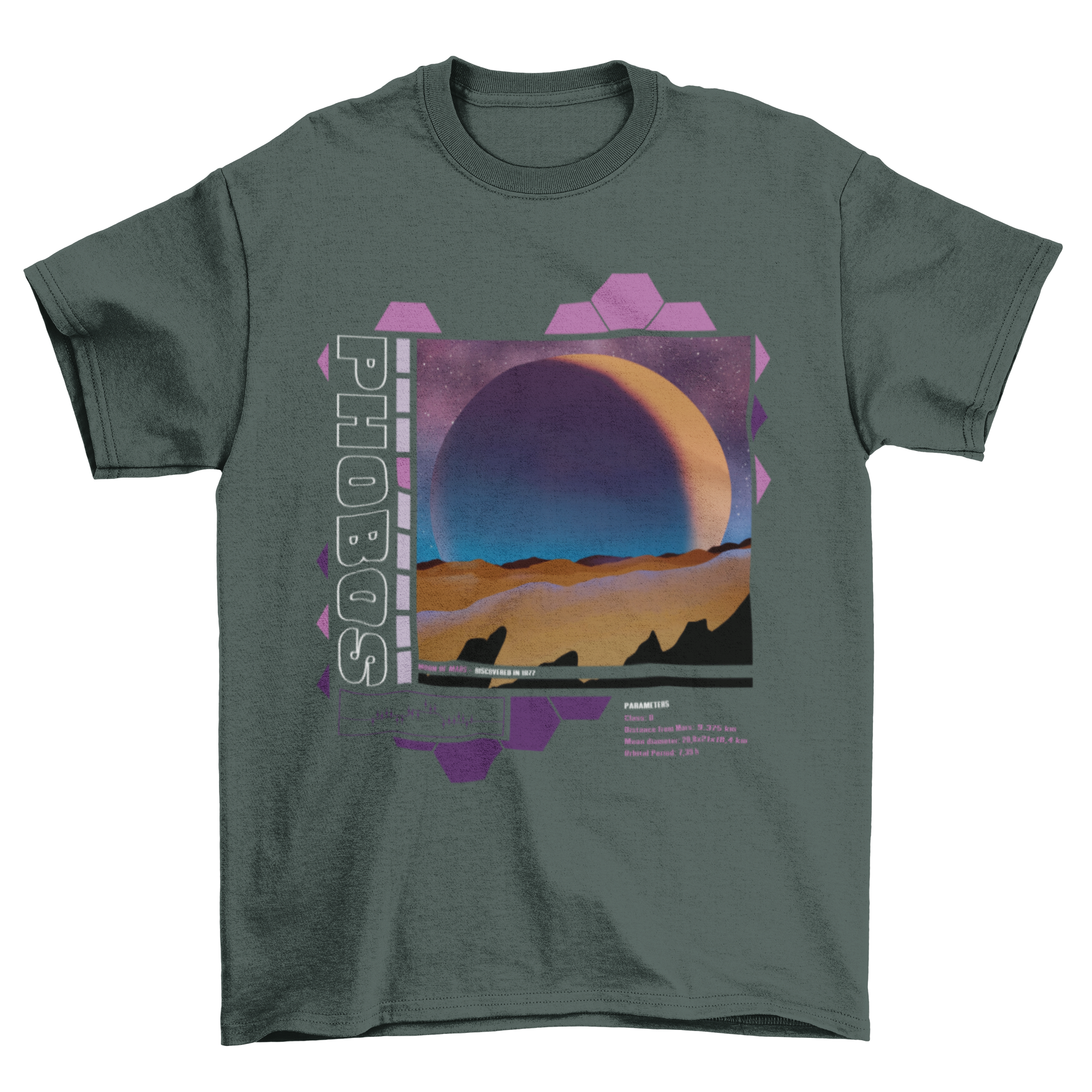 Phobos Mars moon t-shirt design featuring intricate details and vibrant colors, showcasing the beauty of space.