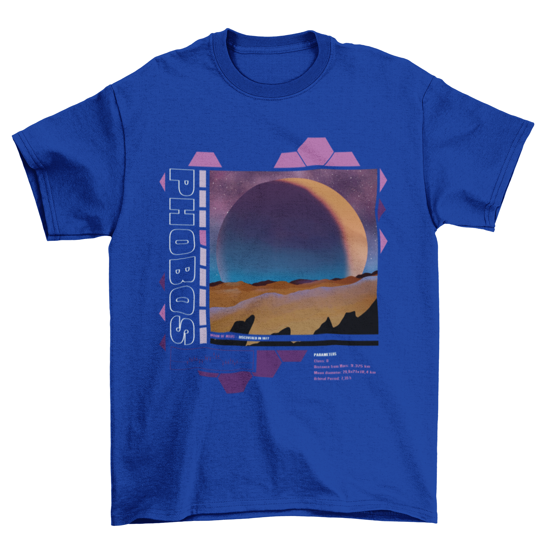 Phobos Mars moon t-shirt design featuring intricate details and vibrant colors, showcasing the beauty of space.