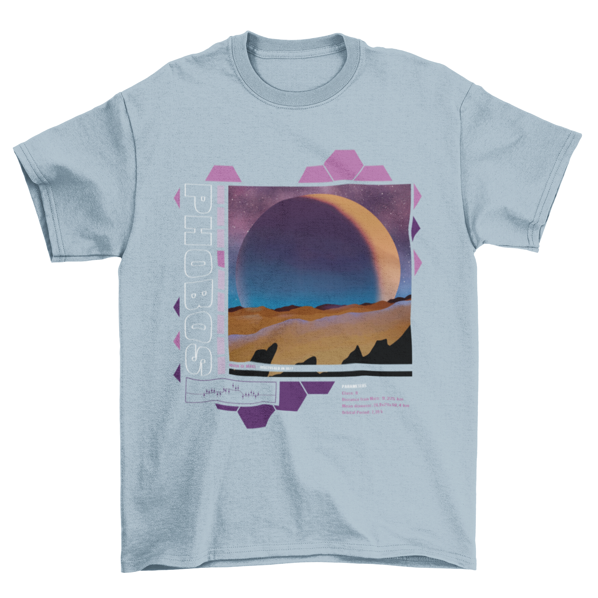 Phobos Mars moon t-shirt design featuring intricate details and vibrant colors, showcasing the beauty of space.