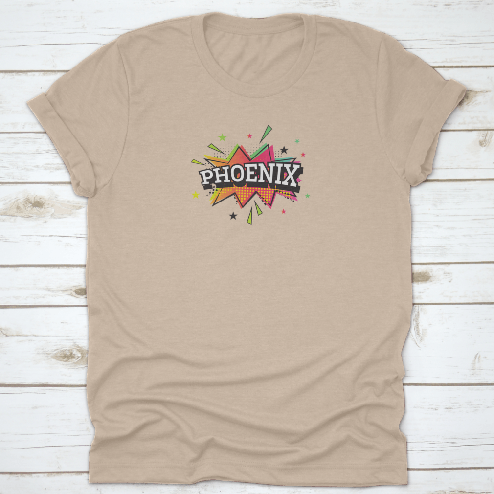 Trendy Phoenix Comic Text vector illustration in vibrant pop art style on a cotton t-shirt.