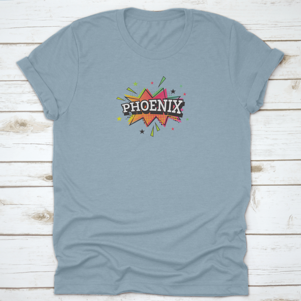 Trendy Phoenix Comic Text vector illustration in vibrant pop art style on a cotton t-shirt.