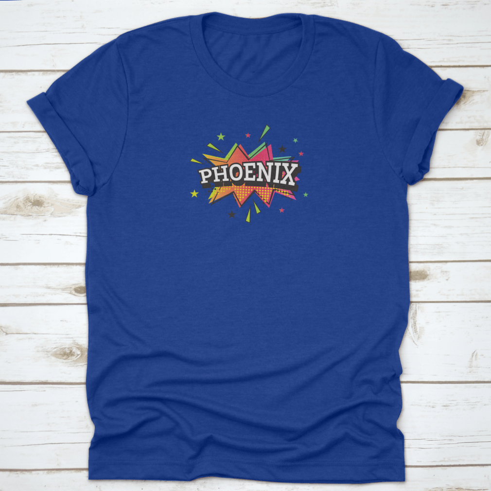 Trendy Phoenix Comic Text vector illustration in vibrant pop art style on a cotton t-shirt.
