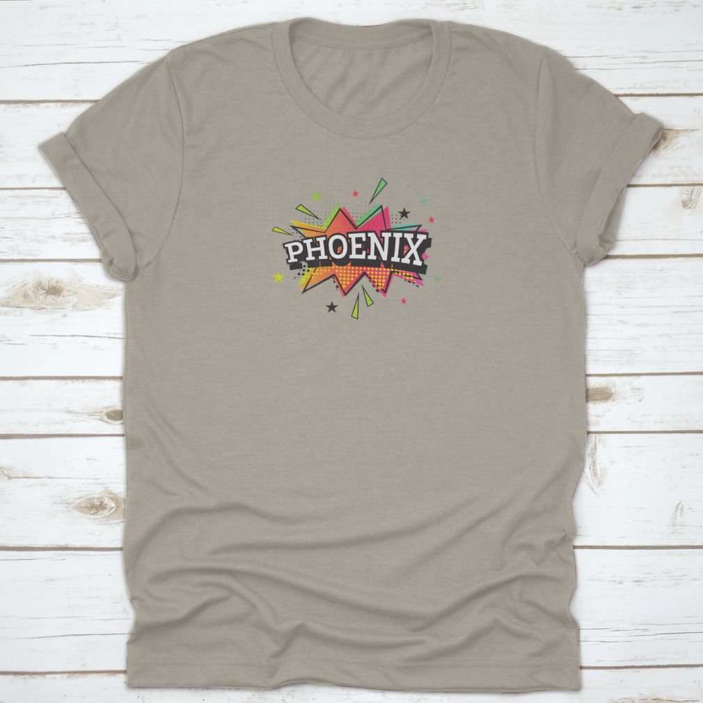 Trendy Phoenix Comic Text vector illustration in vibrant pop art style on a cotton t-shirt.