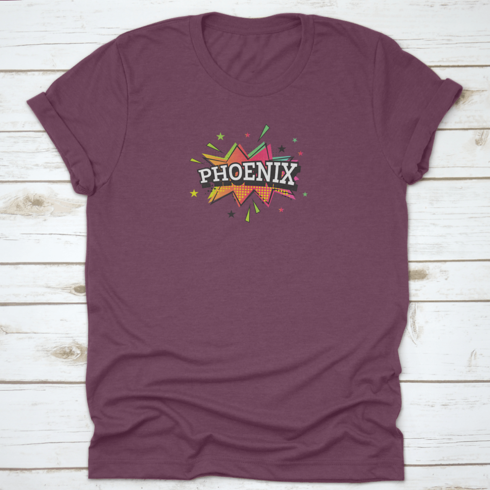 Trendy Phoenix Comic Text vector illustration in vibrant pop art style on a cotton t-shirt.