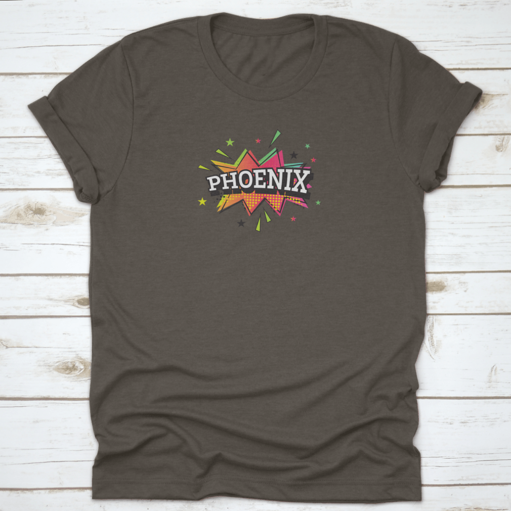 Trendy Phoenix Comic Text vector illustration in vibrant pop art style on a cotton t-shirt.