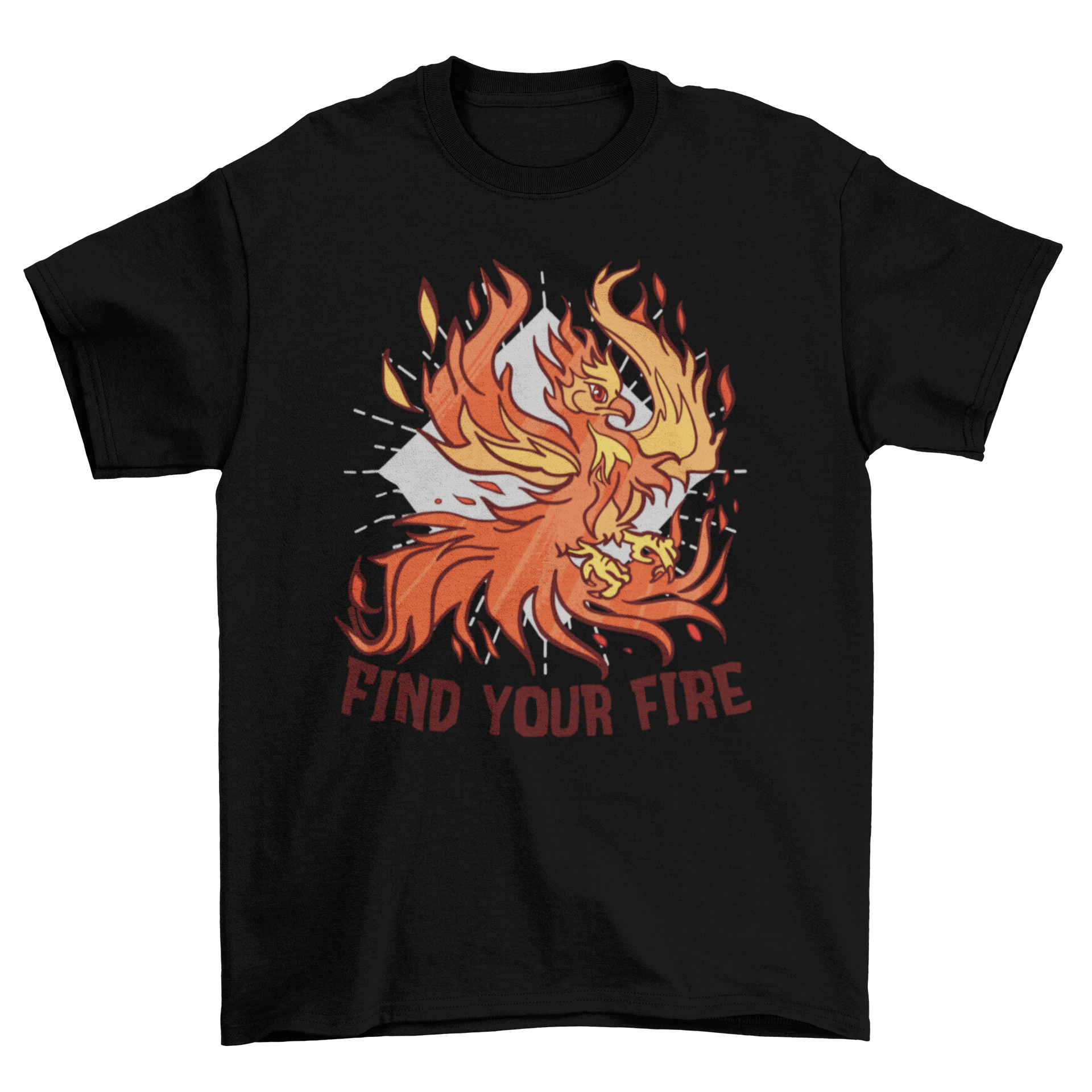 Phoenix Fire T-Shirt featuring a vibrant illustration of a phoenix in flames with the caption 'Find your fire'.