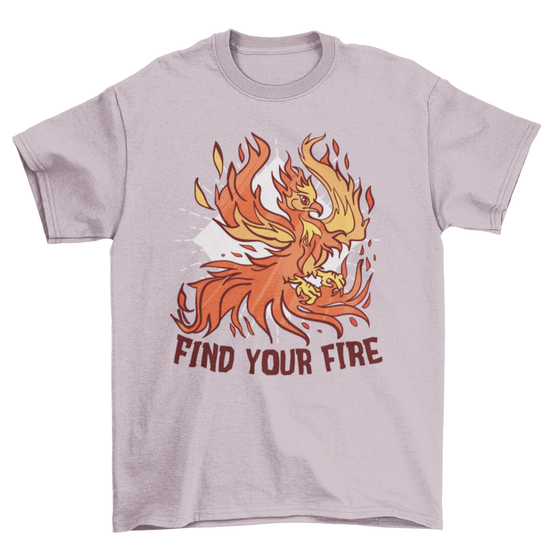 Phoenix Fire T-Shirt featuring a vibrant illustration of a phoenix in flames with the caption 'Find your fire'.