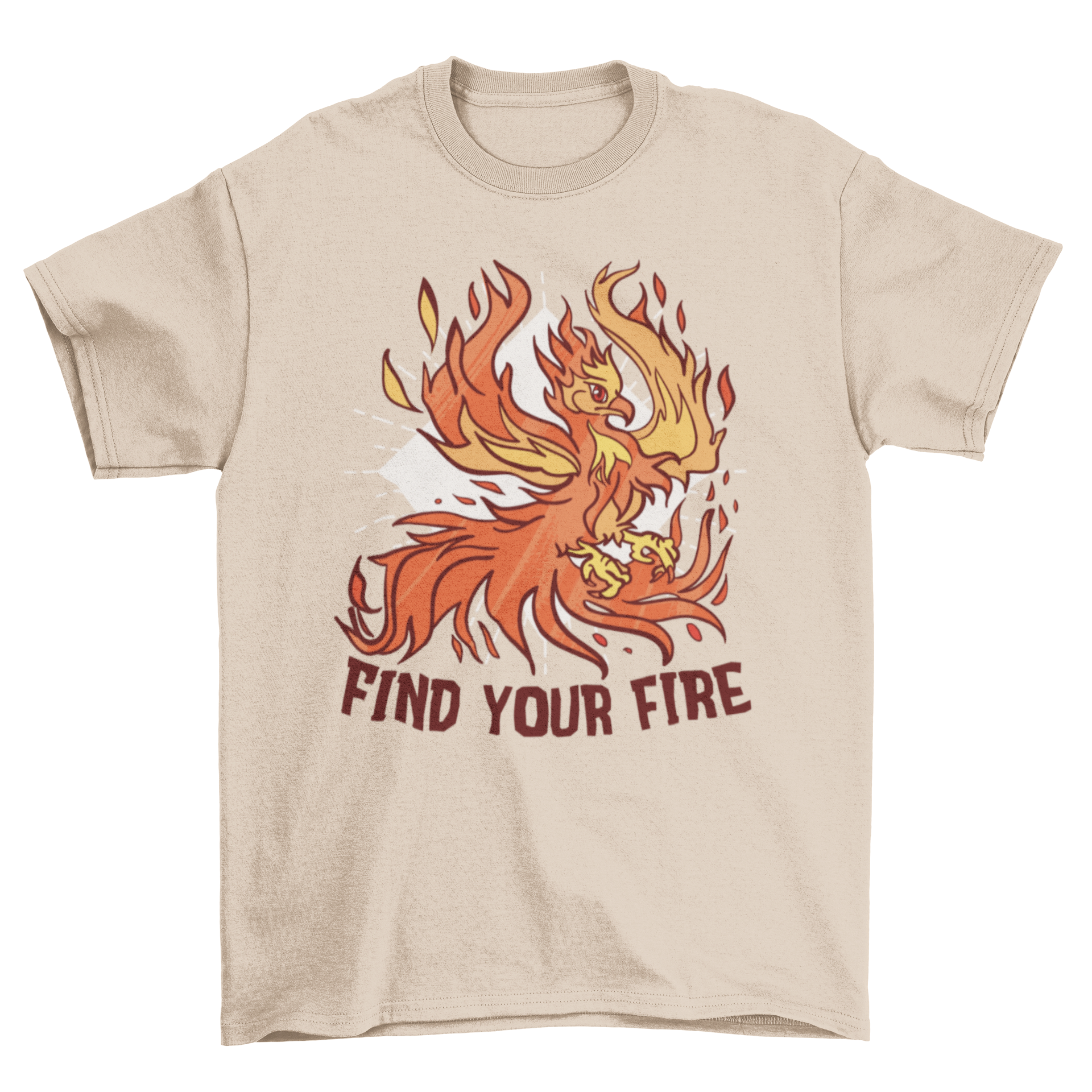 Phoenix Fire T-Shirt featuring a vibrant illustration of a phoenix in flames with the caption 'Find your fire'.