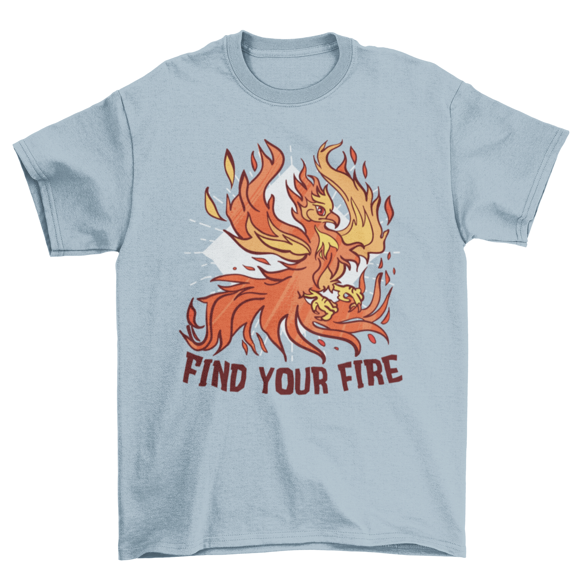 Phoenix Fire T-Shirt featuring a vibrant illustration of a phoenix in flames with the caption 'Find your fire'.