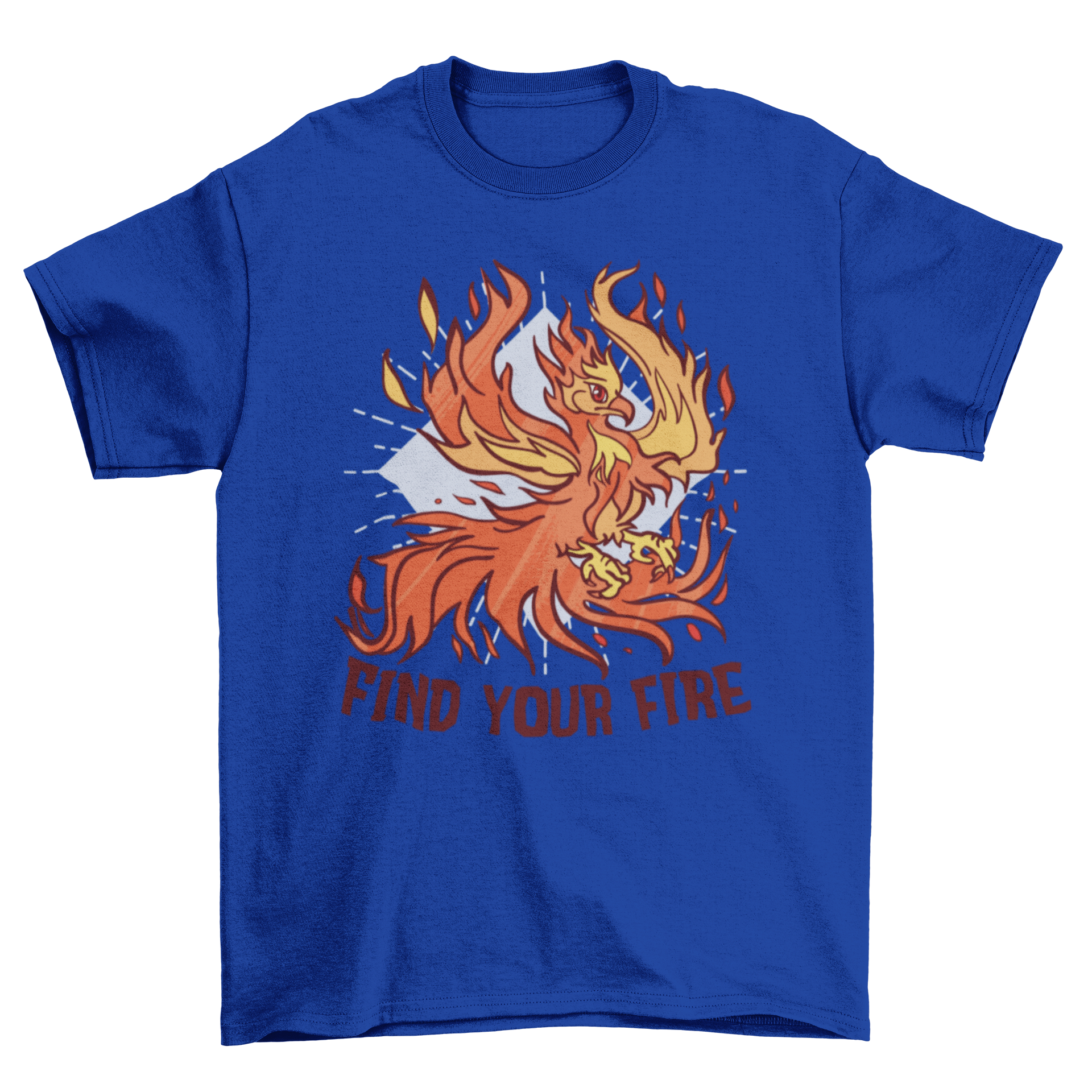 Phoenix Fire T-Shirt featuring a vibrant illustration of a phoenix in flames with the caption 'Find your fire'.