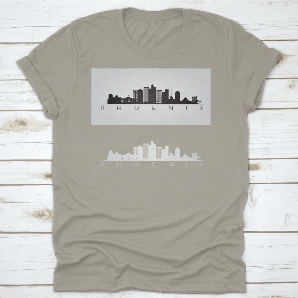 Black and white silhouette design of the Phoenix USA skyline and landmarks, showcasing iconic buildings and structures.
