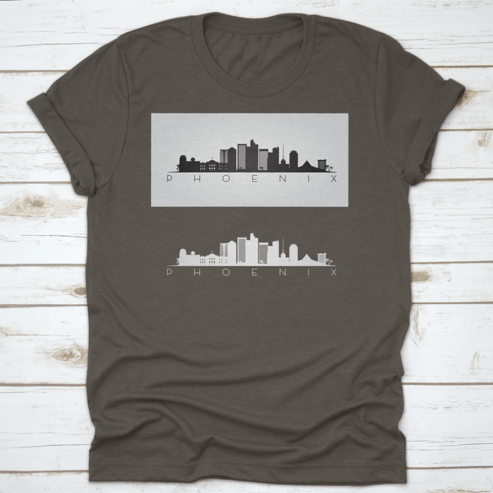 Black and white silhouette design of the Phoenix USA skyline and landmarks, showcasing iconic buildings and structures.