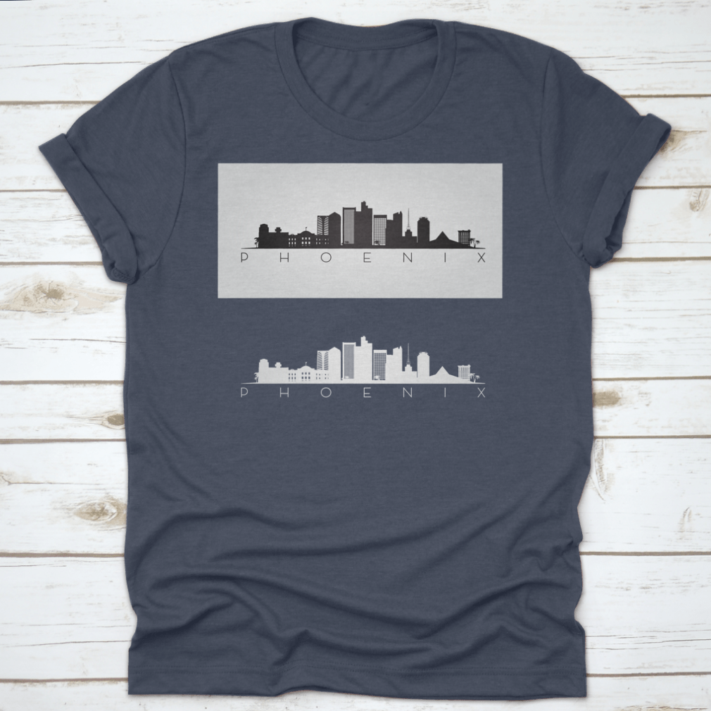 Black and white silhouette design of the Phoenix USA skyline and landmarks, showcasing iconic buildings and structures.