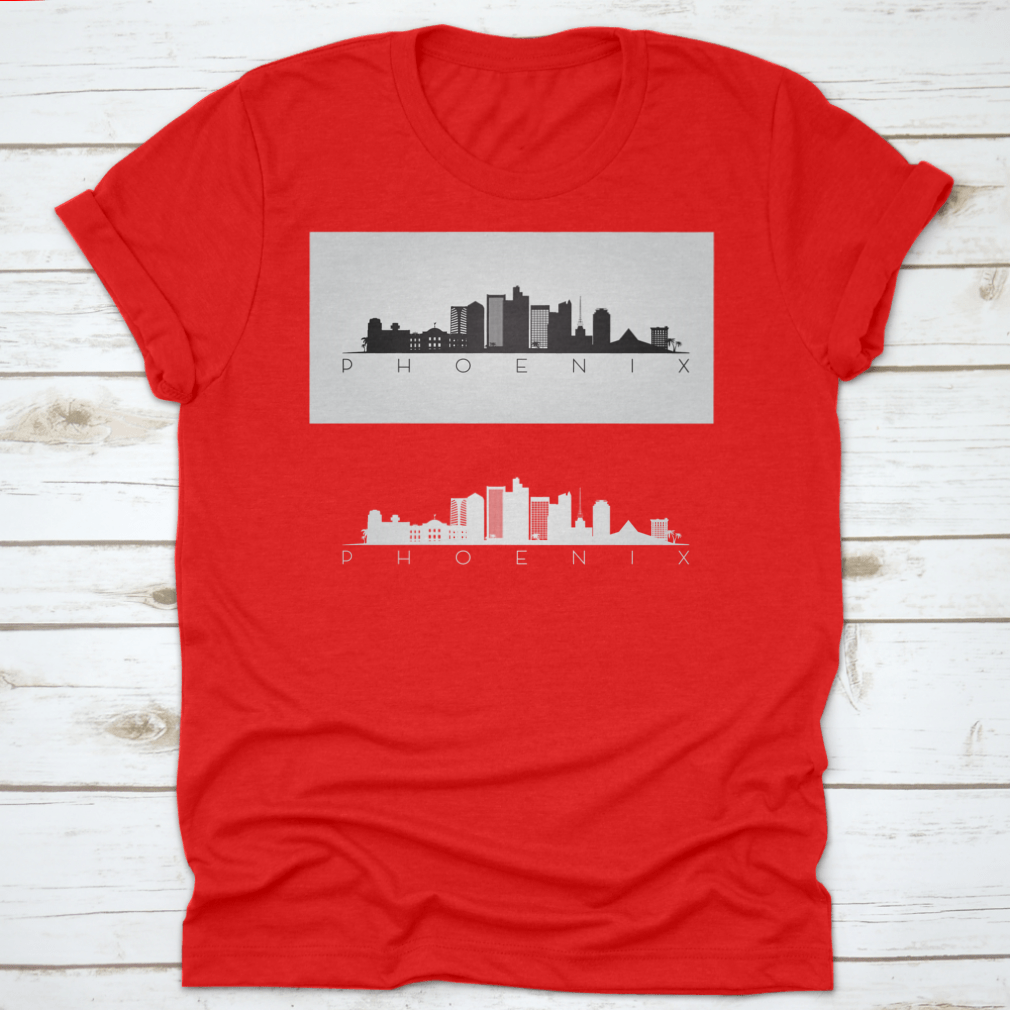 Black and white silhouette design of the Phoenix USA skyline and landmarks, showcasing iconic buildings and structures.