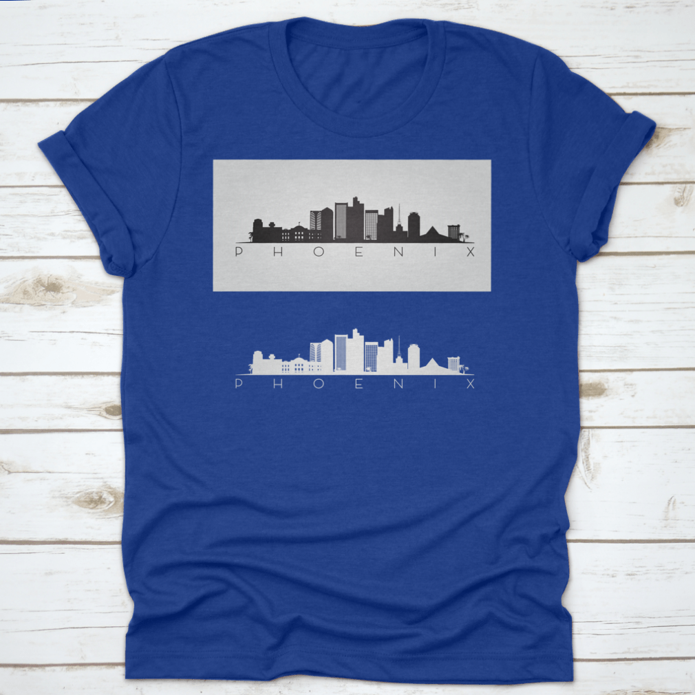 Black and white silhouette design of the Phoenix USA skyline and landmarks, showcasing iconic buildings and structures.
