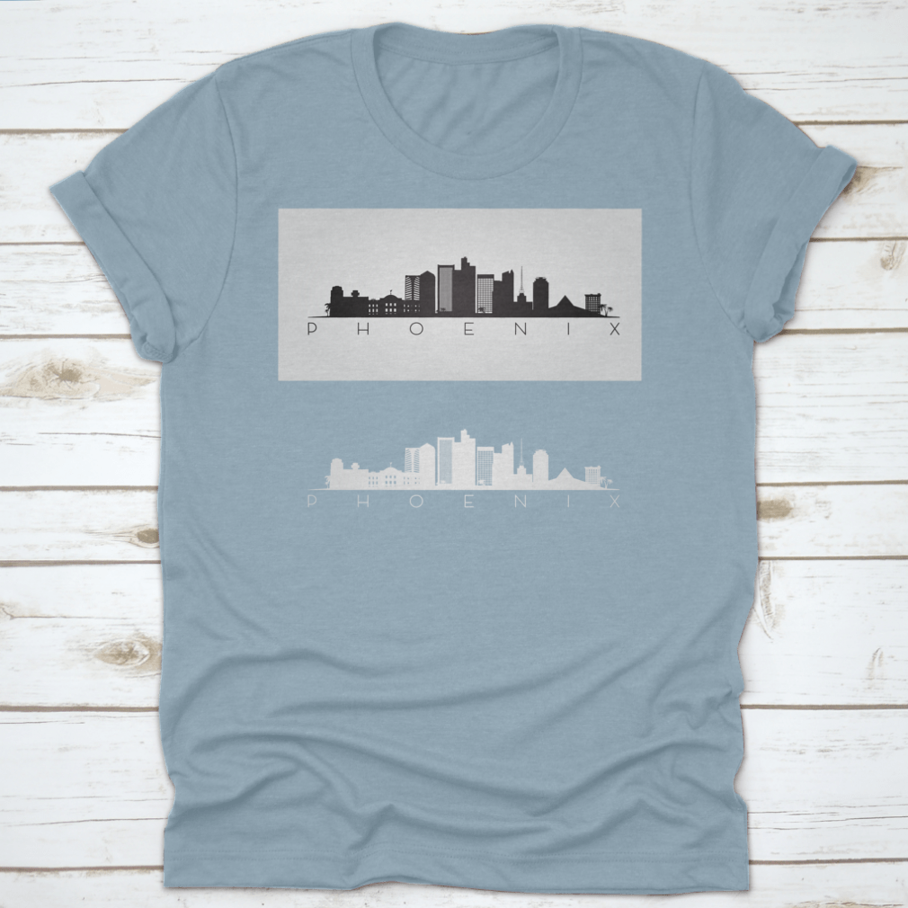 Black and white silhouette design of the Phoenix USA skyline and landmarks, showcasing iconic buildings and structures.