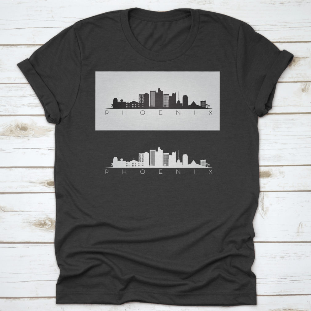 Black and white silhouette design of the Phoenix USA skyline and landmarks, showcasing iconic buildings and structures.