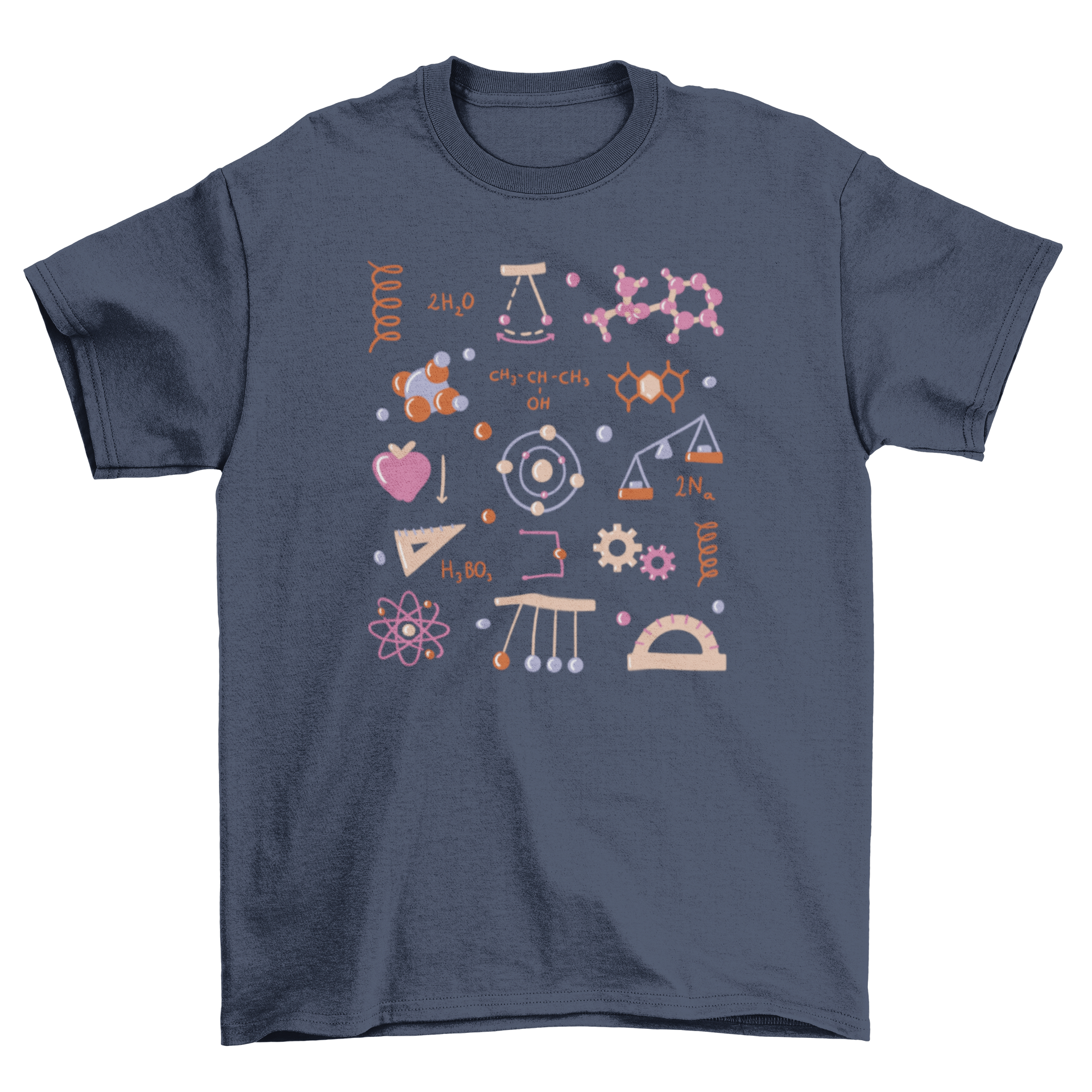 A stylish t-shirt featuring multiple physics elements design, perfect for science enthusiasts.