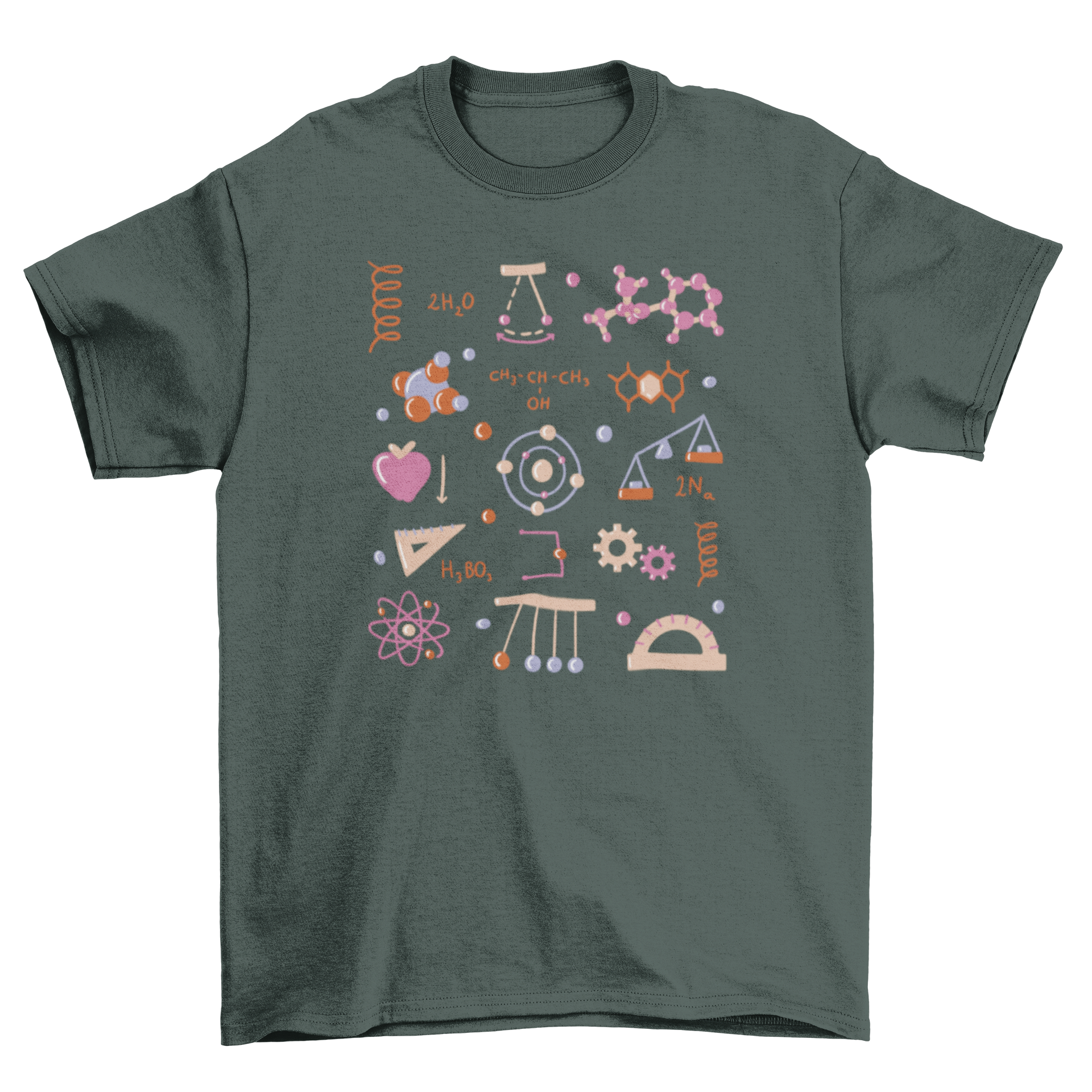 A stylish t-shirt featuring multiple physics elements design, perfect for science enthusiasts.