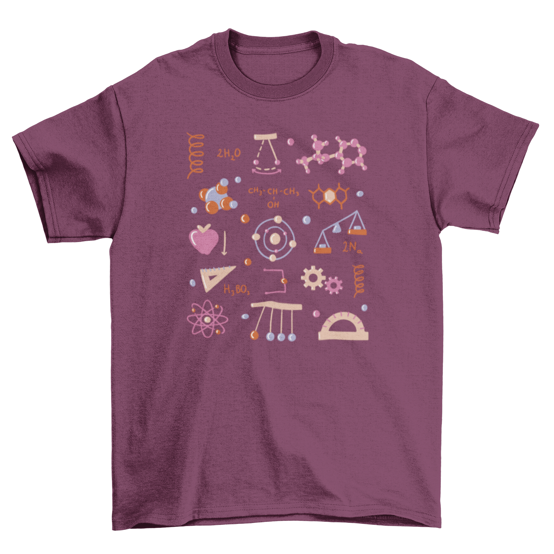 A stylish t-shirt featuring multiple physics elements design, perfect for science enthusiasts.