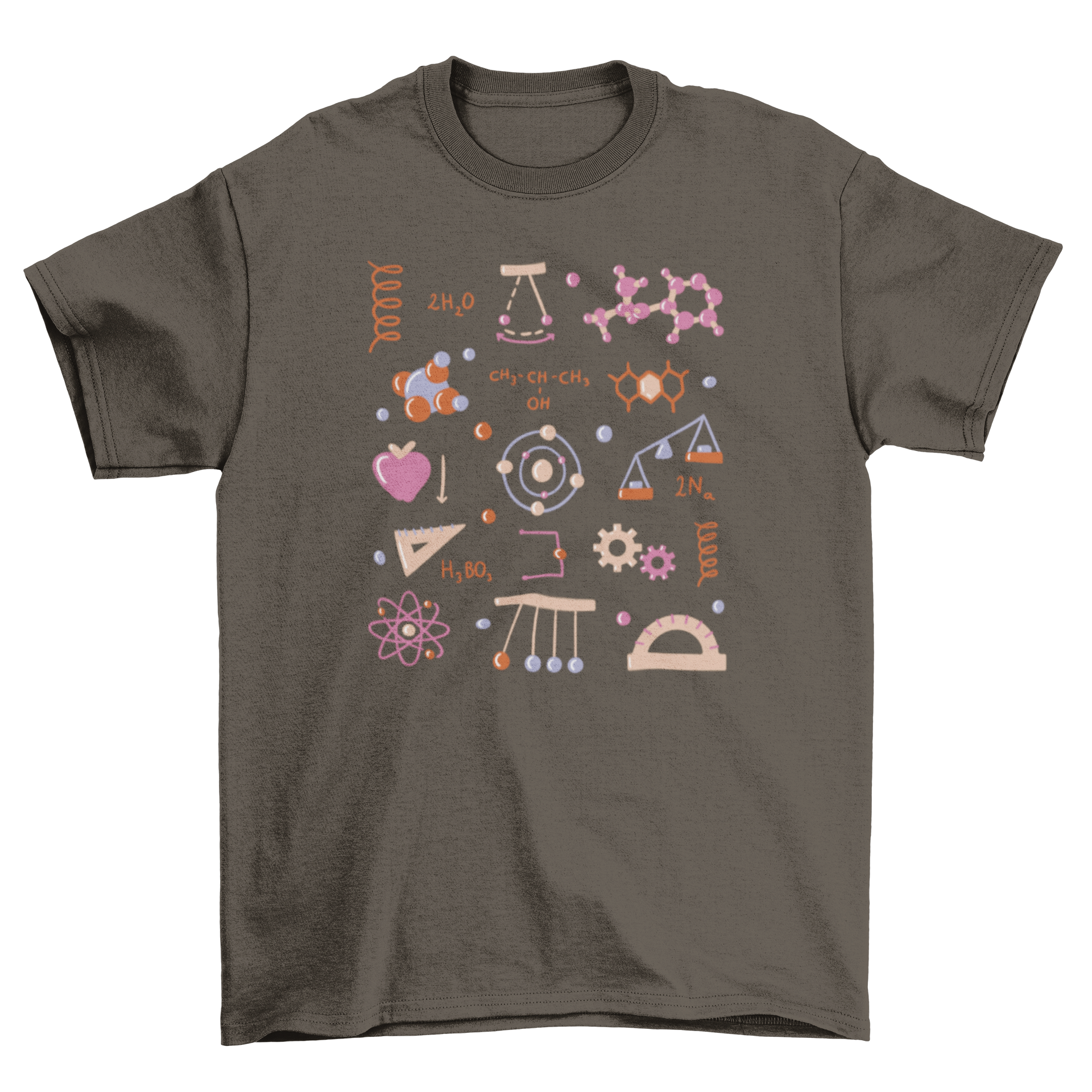 A stylish t-shirt featuring multiple physics elements design, perfect for science enthusiasts.