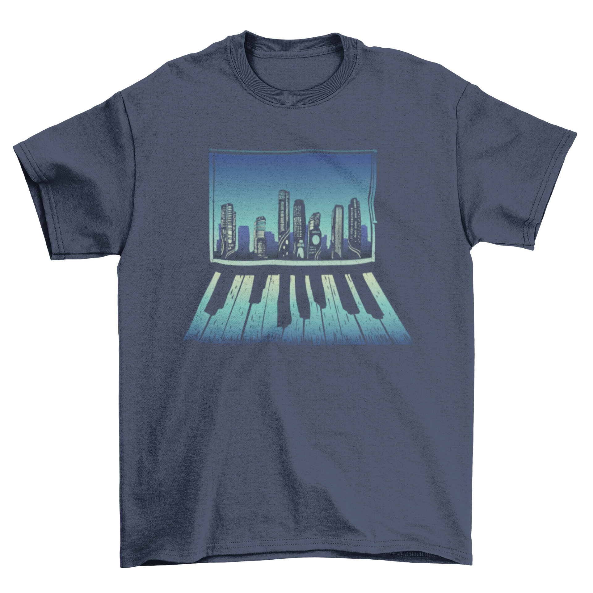 A stylish t-shirt featuring a city window design with a piano keyboard reflection, perfect for music enthusiasts.