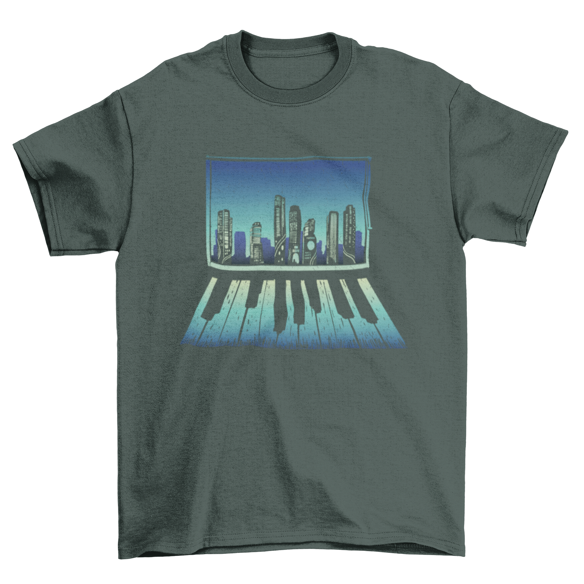 A stylish t-shirt featuring a city window design with a piano keyboard reflection, perfect for music enthusiasts.