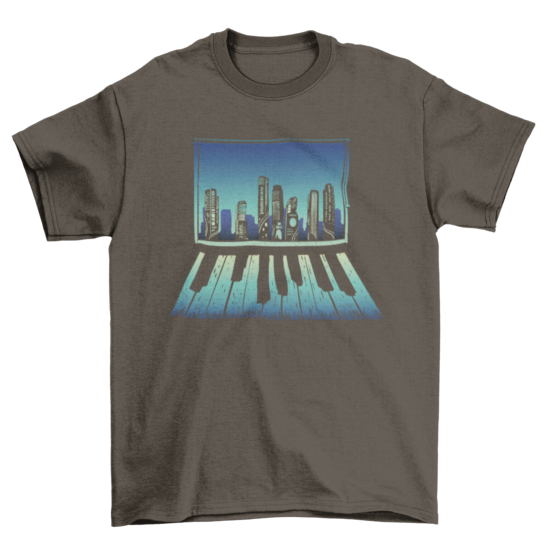 A stylish t-shirt featuring a city window design with a piano keyboard reflection, perfect for music enthusiasts.