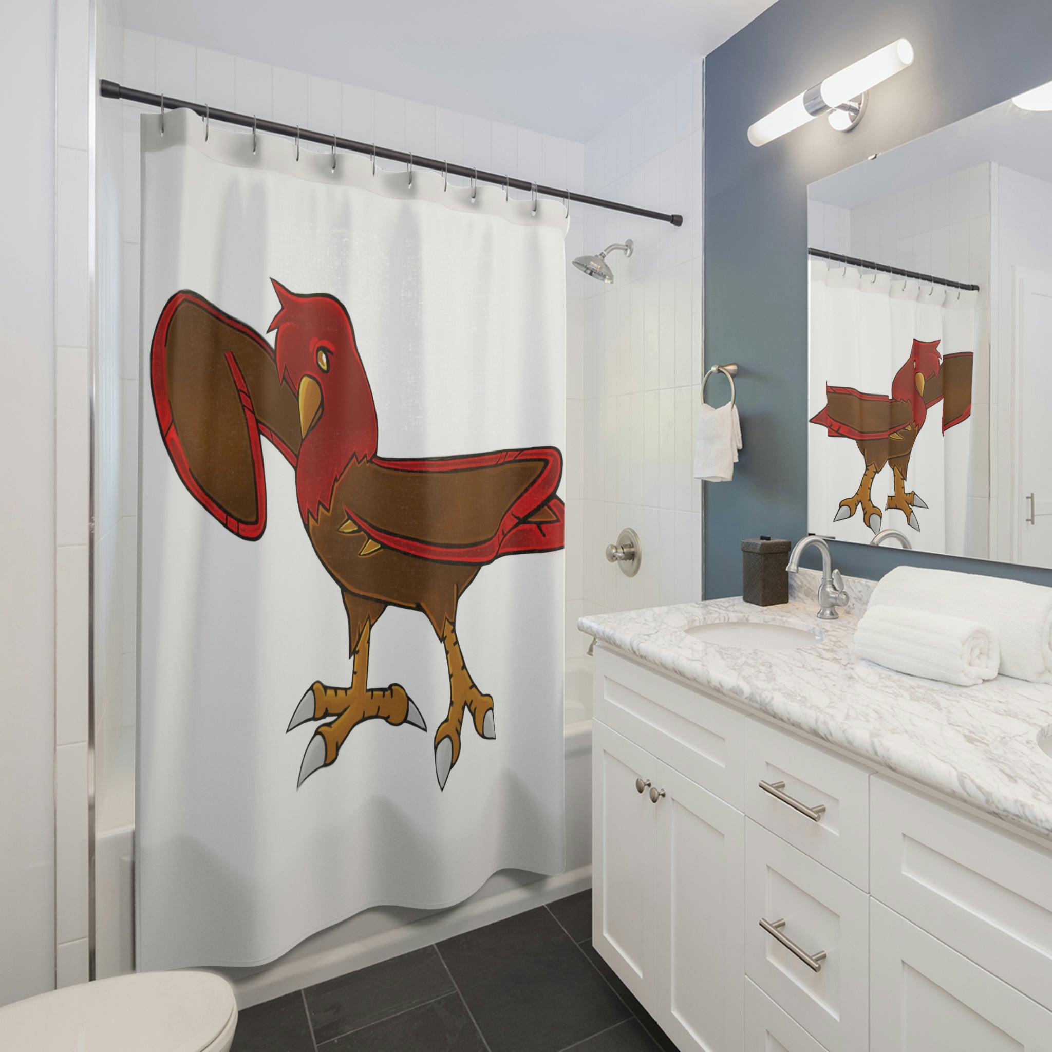 Pidgenna Shower Curtain featuring a vibrant, customizable design made from durable polyester, ideal for enhancing bathroom decor.