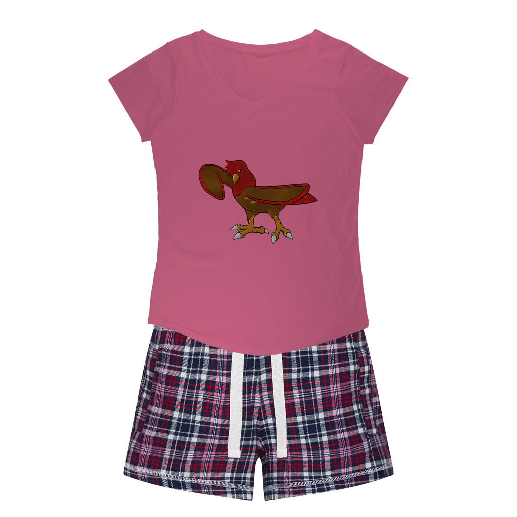Pidgenna Women's Sleepy Tee and Flannel Short set featuring a relaxed fit T-shirt and colorful flannel shorts, perfect for cozy nights.