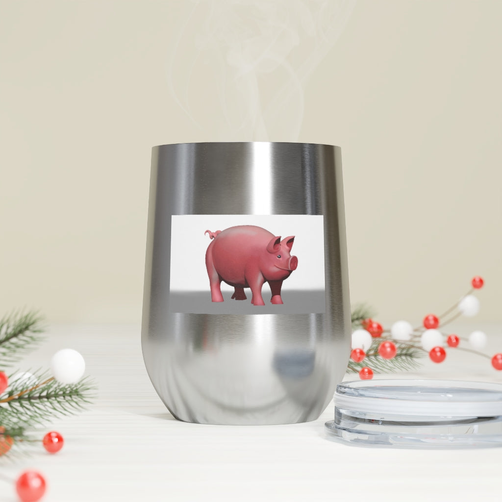 Pig 12oz Insulated Wine Tumbler in stainless steel with a clear lid, perfect for hot and cold beverages.