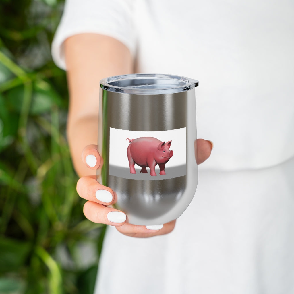 Pig 12oz Insulated Wine Tumbler in stainless steel with a clear lid, perfect for hot and cold beverages.