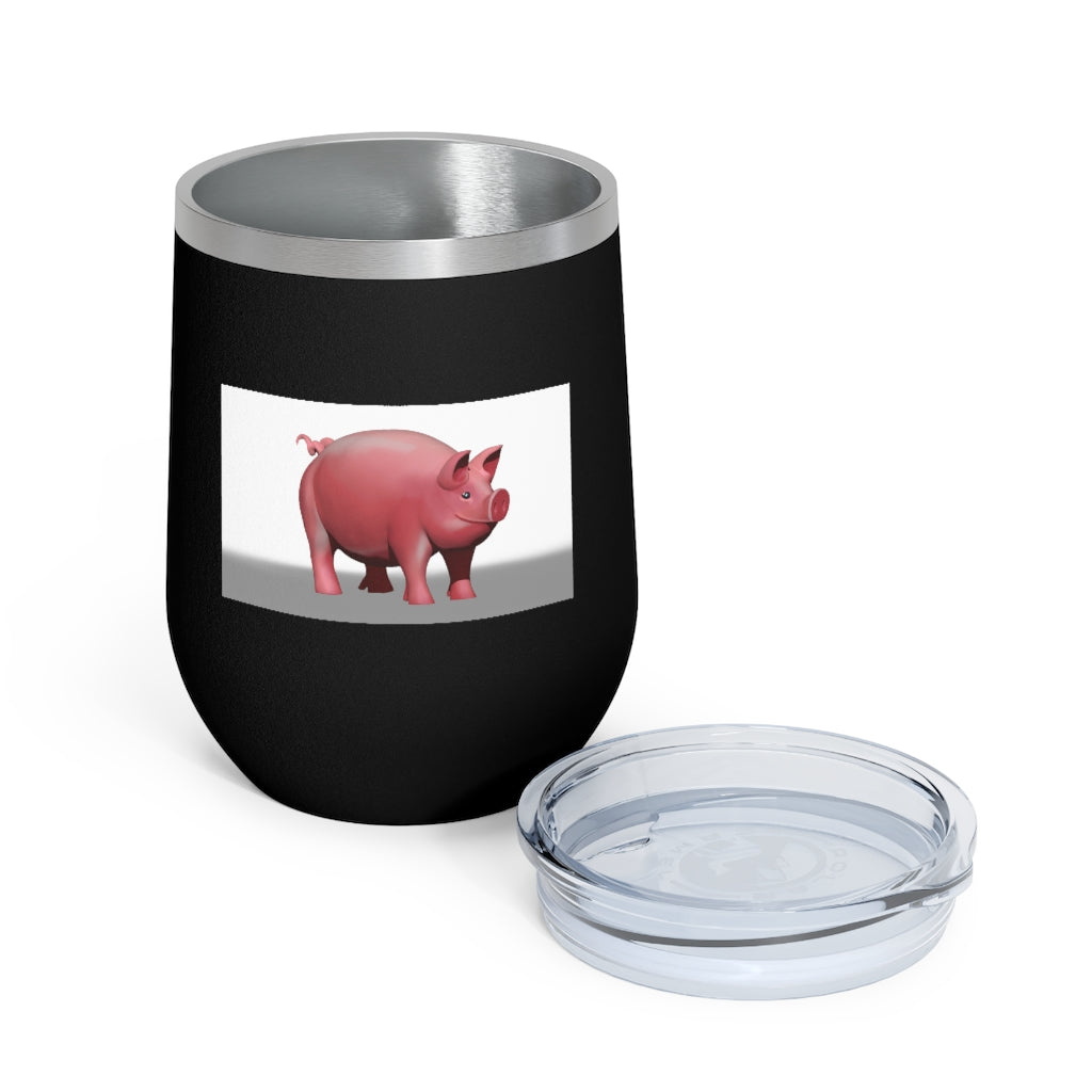 Pig 12oz Insulated Wine Tumbler in stainless steel with a clear lid, perfect for hot and cold beverages.
