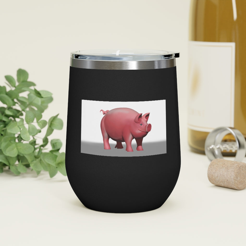 Pig 12oz Insulated Wine Tumbler in stainless steel with a clear lid, perfect for hot and cold beverages.