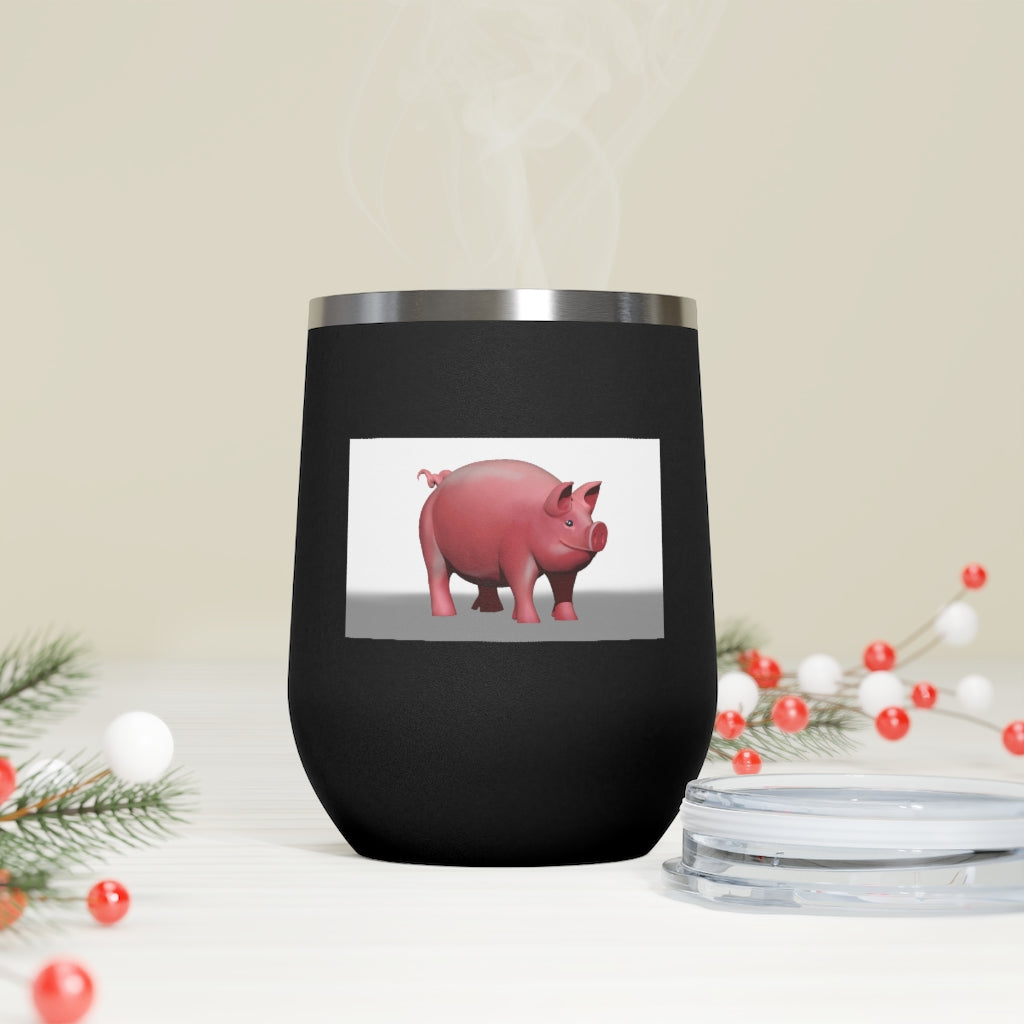 Pig 12oz Insulated Wine Tumbler in stainless steel with a clear lid, perfect for hot and cold beverages.