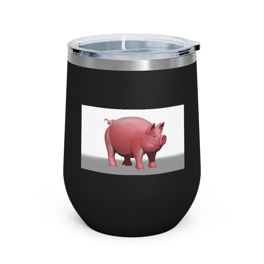 Pig 12oz Insulated Wine Tumbler in stainless steel with a clear lid, perfect for hot and cold beverages.
