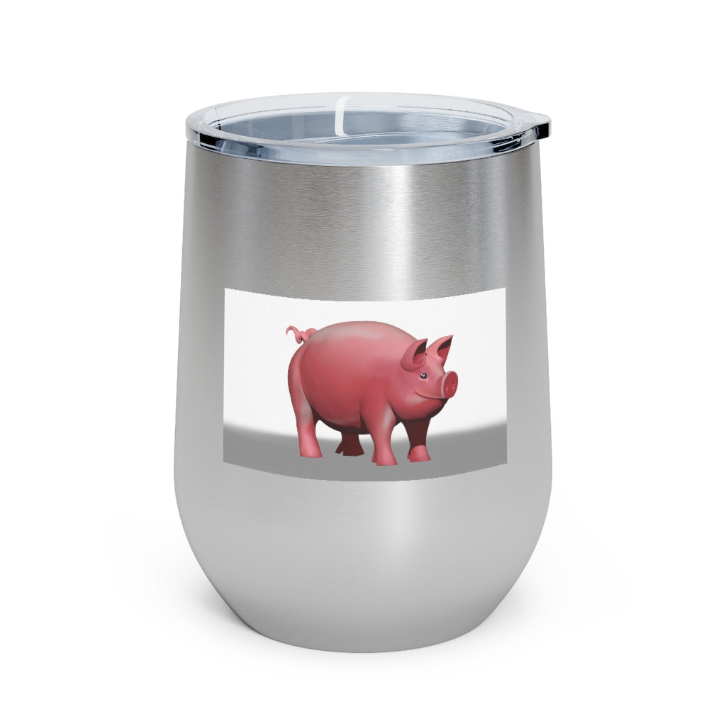 Pig 12oz Insulated Wine Tumbler in stainless steel with a clear lid, perfect for hot and cold beverages.