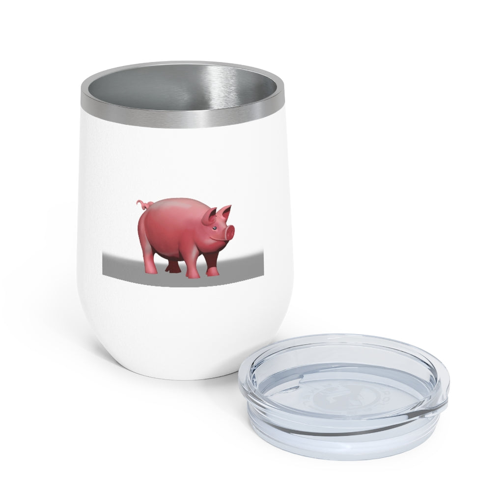 Pig 12oz Insulated Wine Tumbler in stainless steel with a clear lid, perfect for hot and cold beverages.