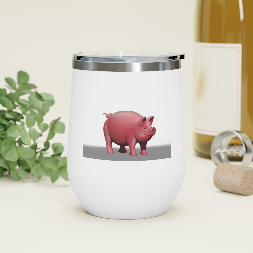 Pig 12oz Insulated Wine Tumbler in stainless steel with a clear lid, perfect for hot and cold beverages.