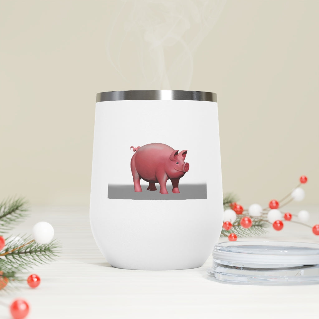 Pig 12oz Insulated Wine Tumbler in stainless steel with a clear lid, perfect for hot and cold beverages.