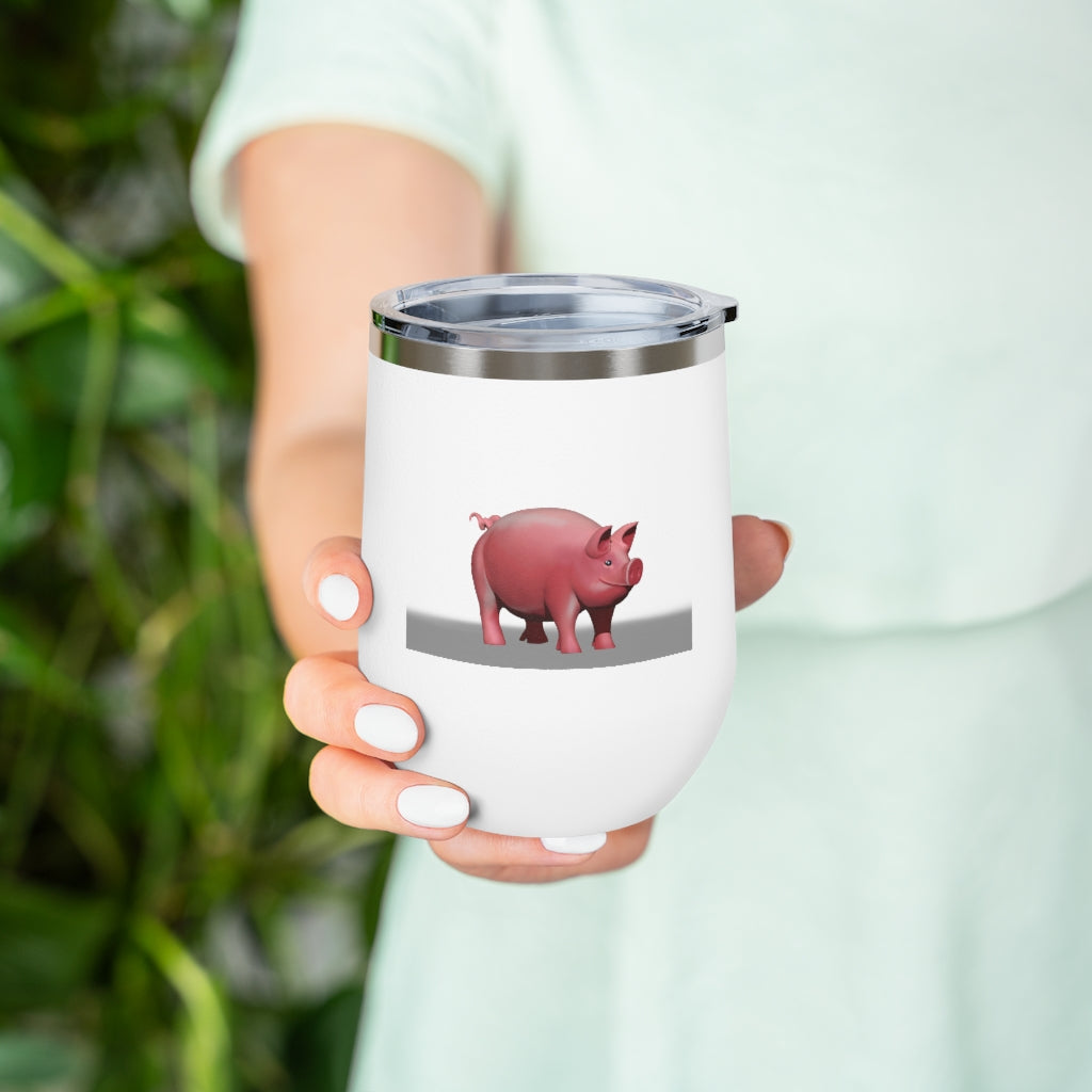 Pig 12oz Insulated Wine Tumbler in stainless steel with a clear lid, perfect for hot and cold beverages.