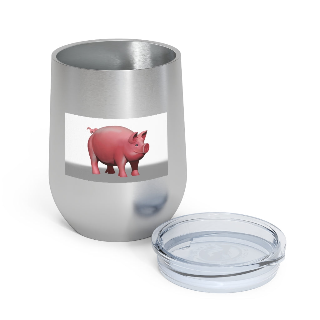 Pig 12oz Insulated Wine Tumbler in stainless steel with a clear lid, perfect for hot and cold beverages.