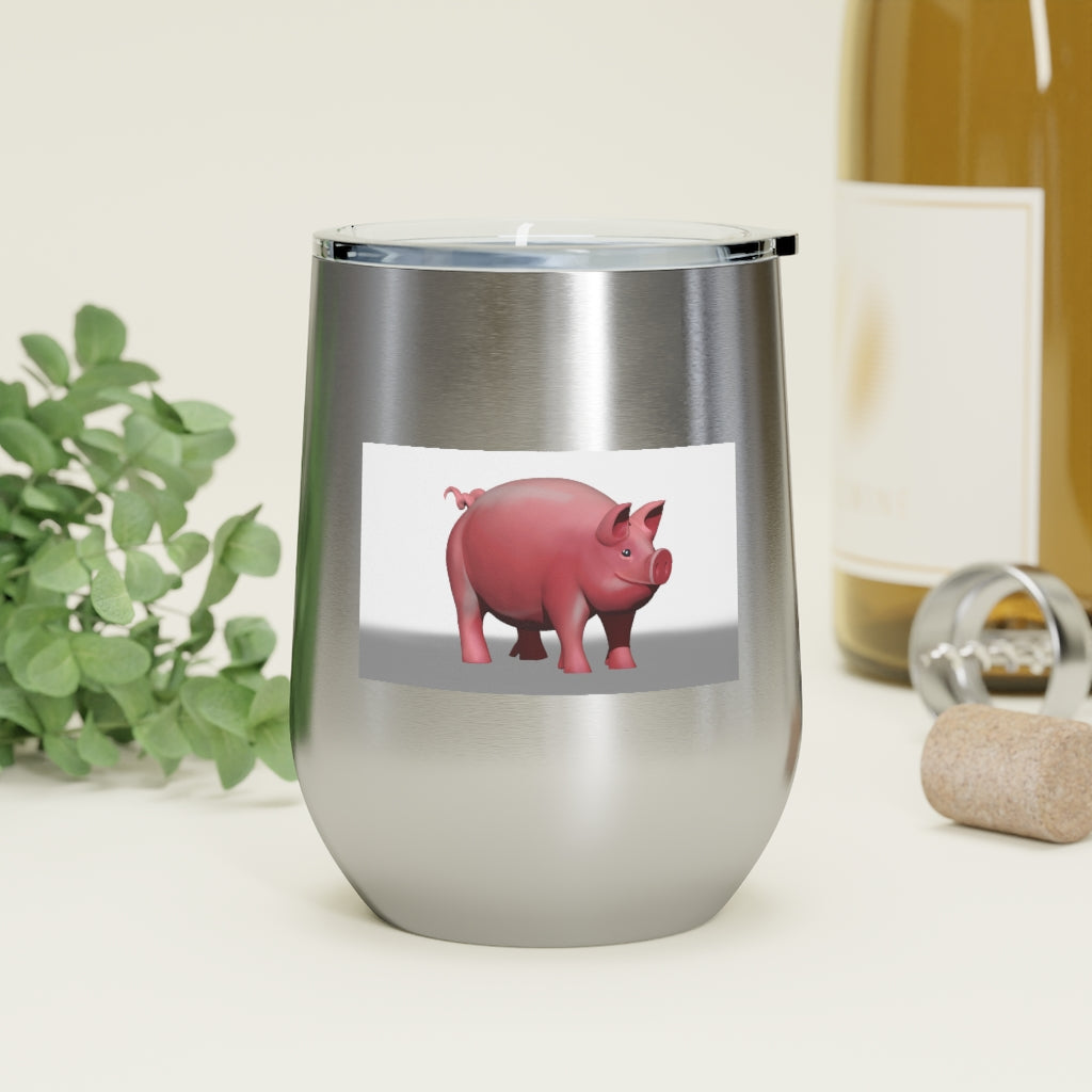 Pig 12oz Insulated Wine Tumbler in stainless steel with a clear lid, perfect for hot and cold beverages.