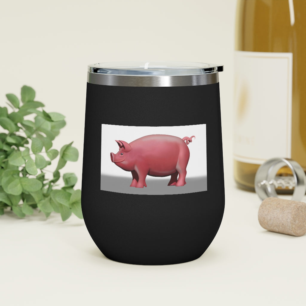 Pig 12oz Insulated Wine Tumbler with clear lid and stainless steel body, perfect for hot and cold beverages.