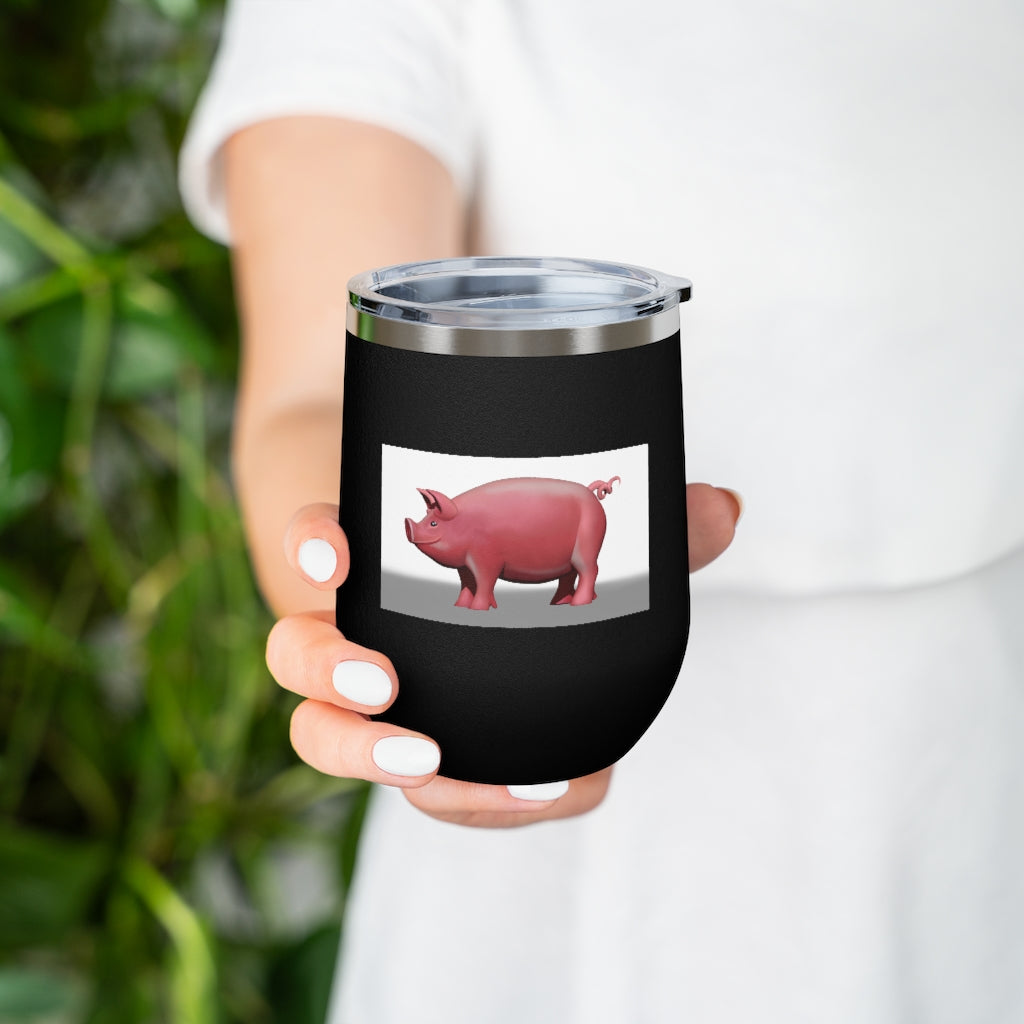 Pig 12oz Insulated Wine Tumbler with clear lid and stainless steel body, perfect for hot and cold beverages.