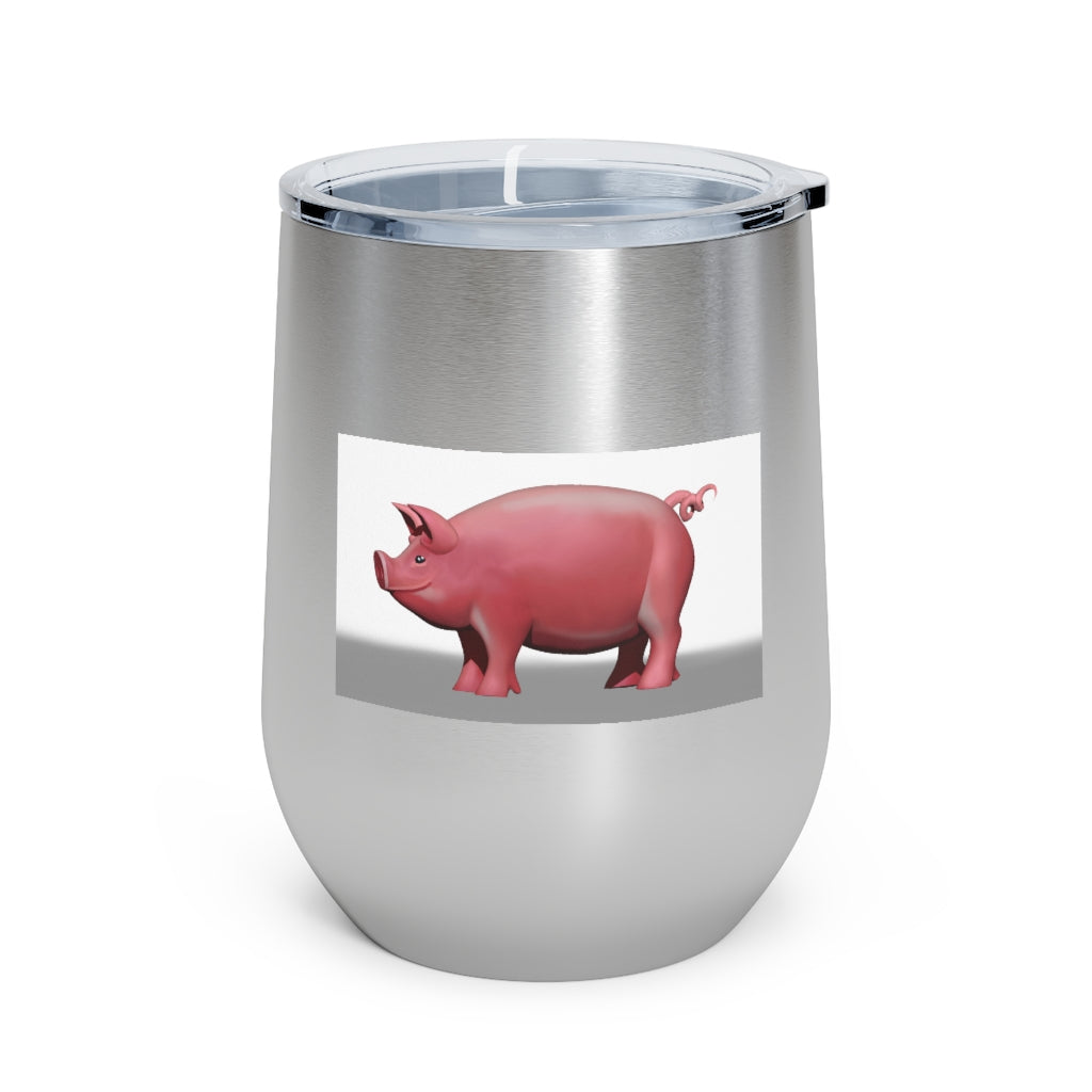 Pig 12oz Insulated Wine Tumbler with clear lid and stainless steel body, perfect for hot and cold beverages.
