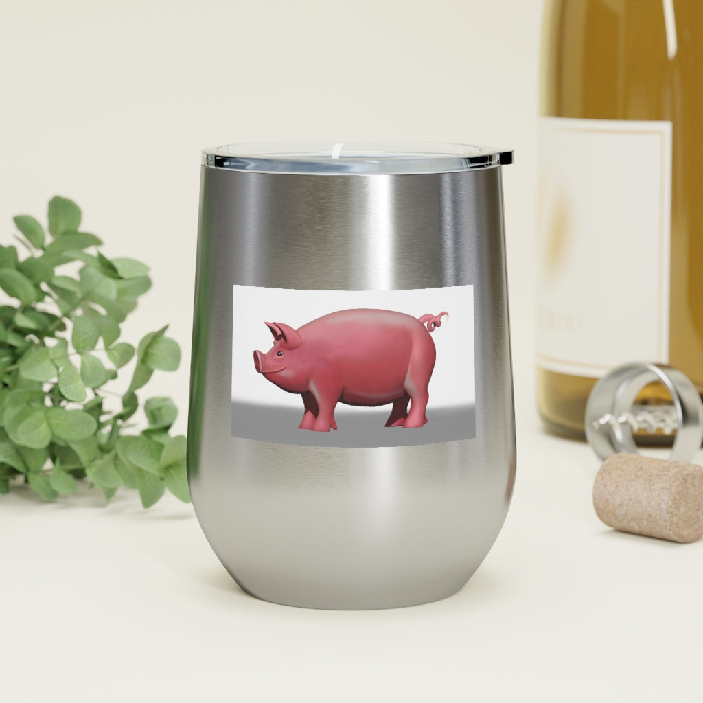 Pig 12oz Insulated Wine Tumbler with clear lid and stainless steel body, perfect for hot and cold beverages.