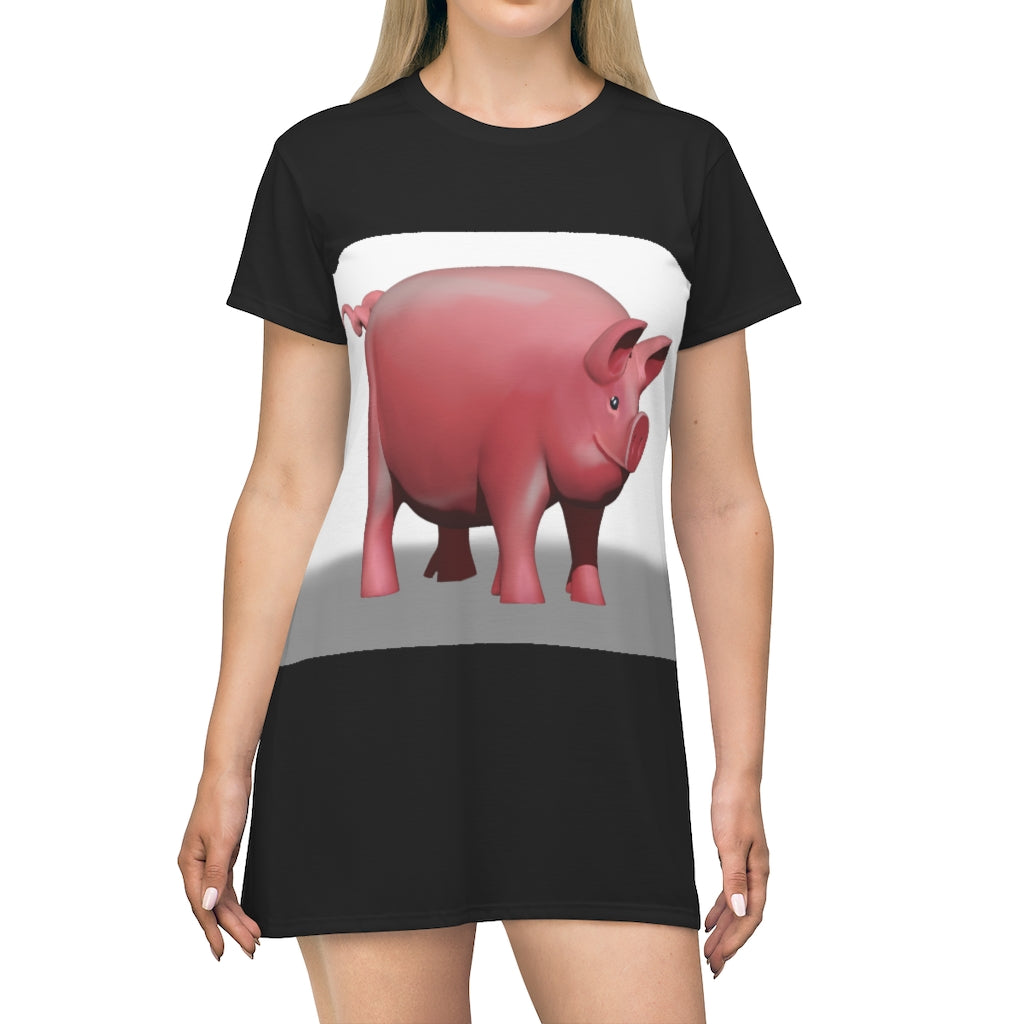 A stylish Pig All Over Print T-Shirt Dress featuring a playful pig design, made from lightweight polyester fabric.